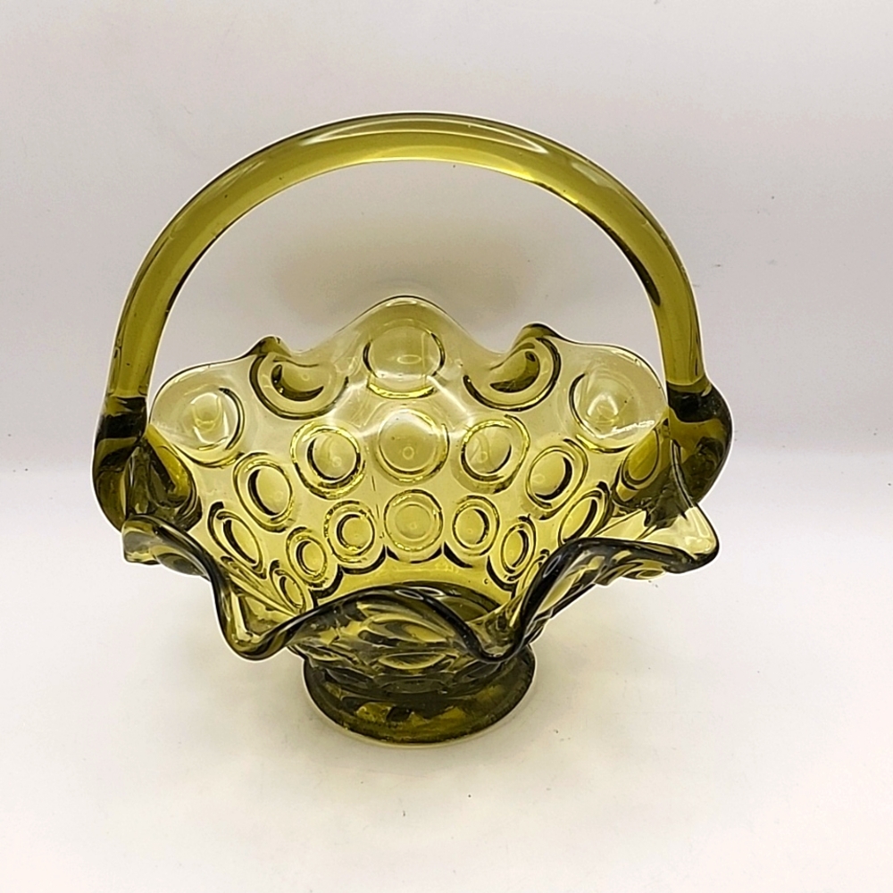 Vintage Green Glass Basket w/Circles & Scalloped Rim 7" X 6"